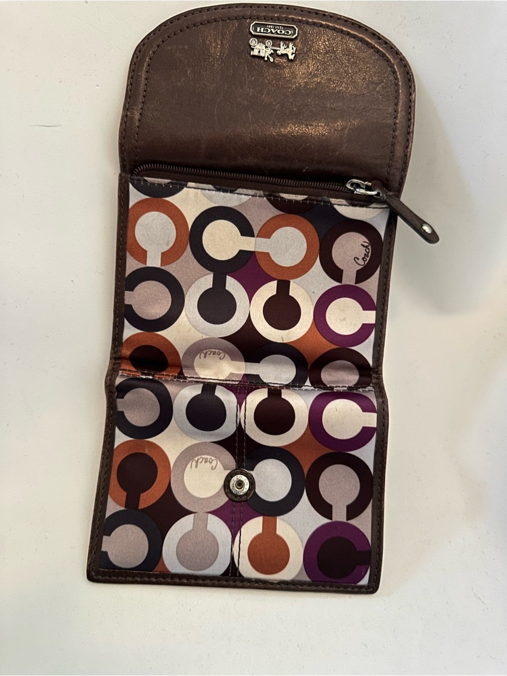 Coach Brown Leather Compact Card Case with Multicolor Signature Lining